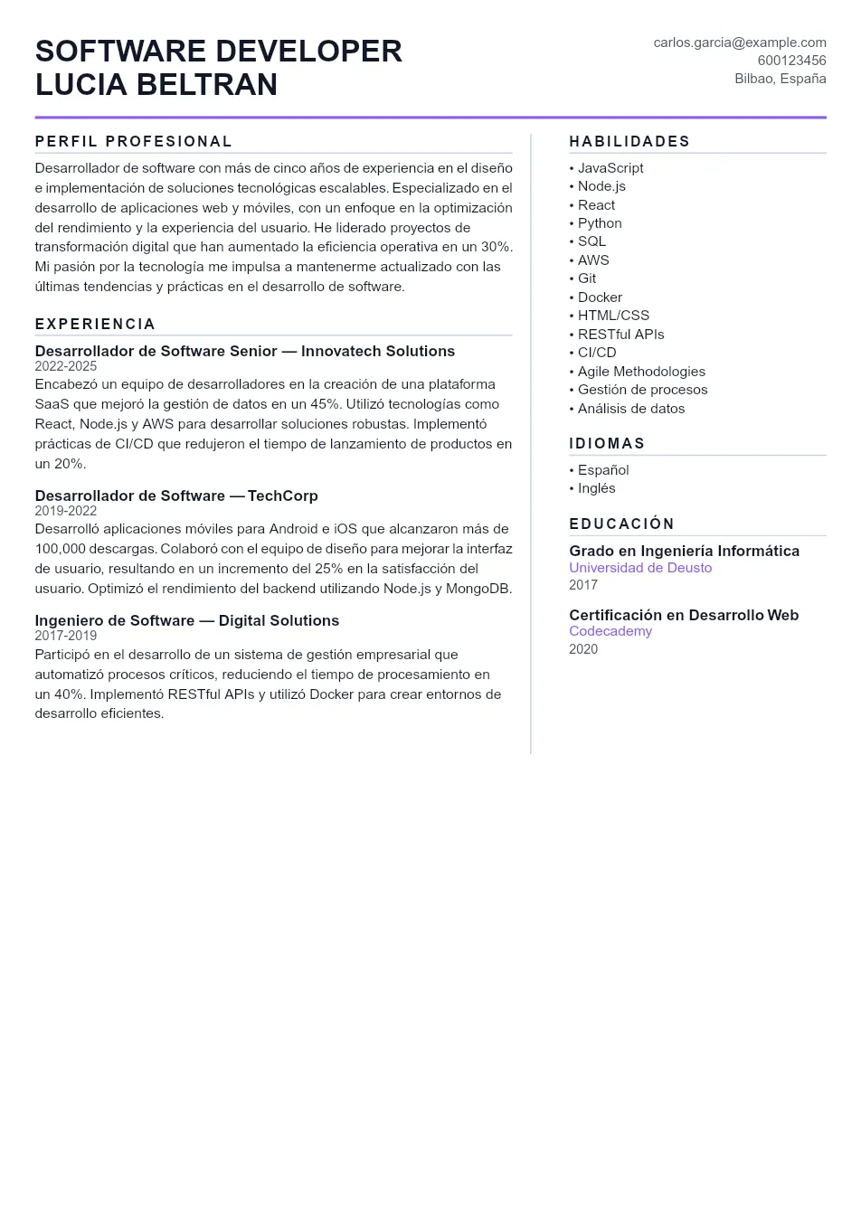 Ejemplo de CV para CV de Software Developer - Plantilla de currículum profesional