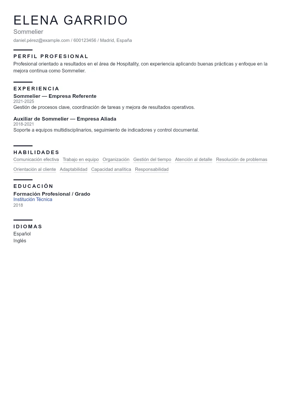 Ejemplo de CV de Sommelier CV Example - Professional Resume Template