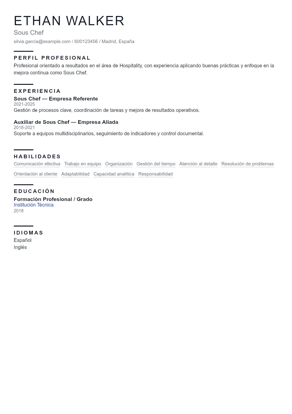 Ejemplo de CV de Sous Chef CV Example - Professional Resume Template