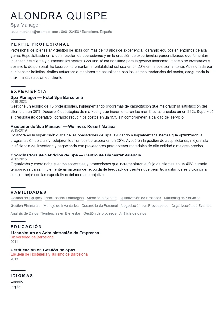 Ejemplo de CV de Spa Manager CV Example - Professional Resume Template