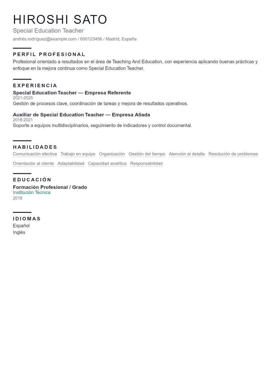 Ejemplo de CV de Special Education Teacher CV Example - Professional Resume Template