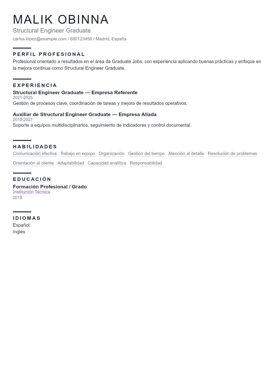 Ejemplo de CV de Structural Engineer Gradu CV Example - Professional Resume Template
