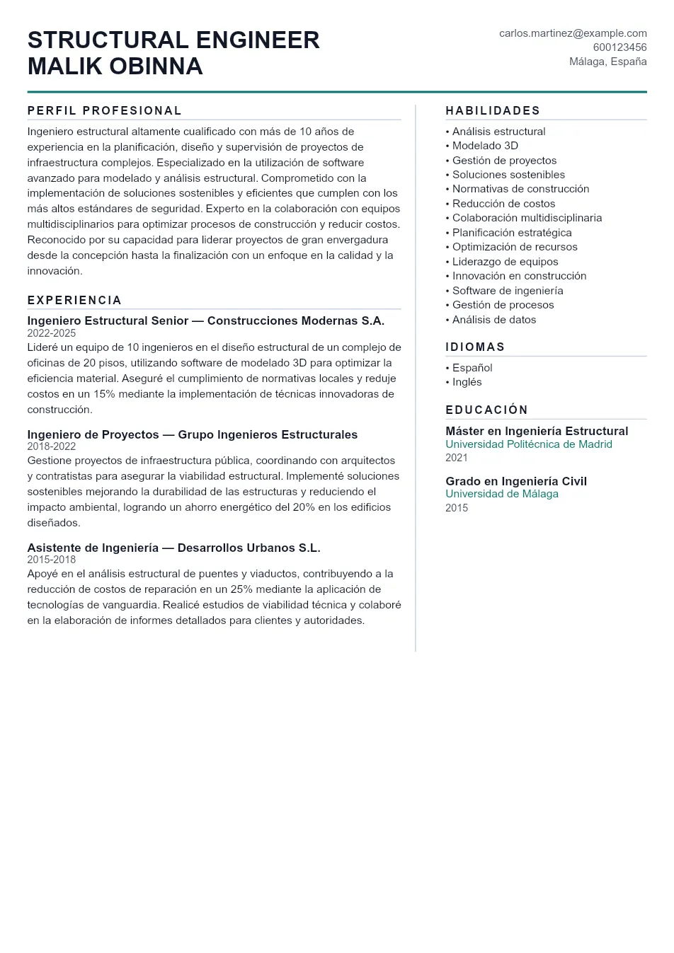 Ejemplo de CV para CV de Ingeniero Estructural - Plantilla de currículum profesional