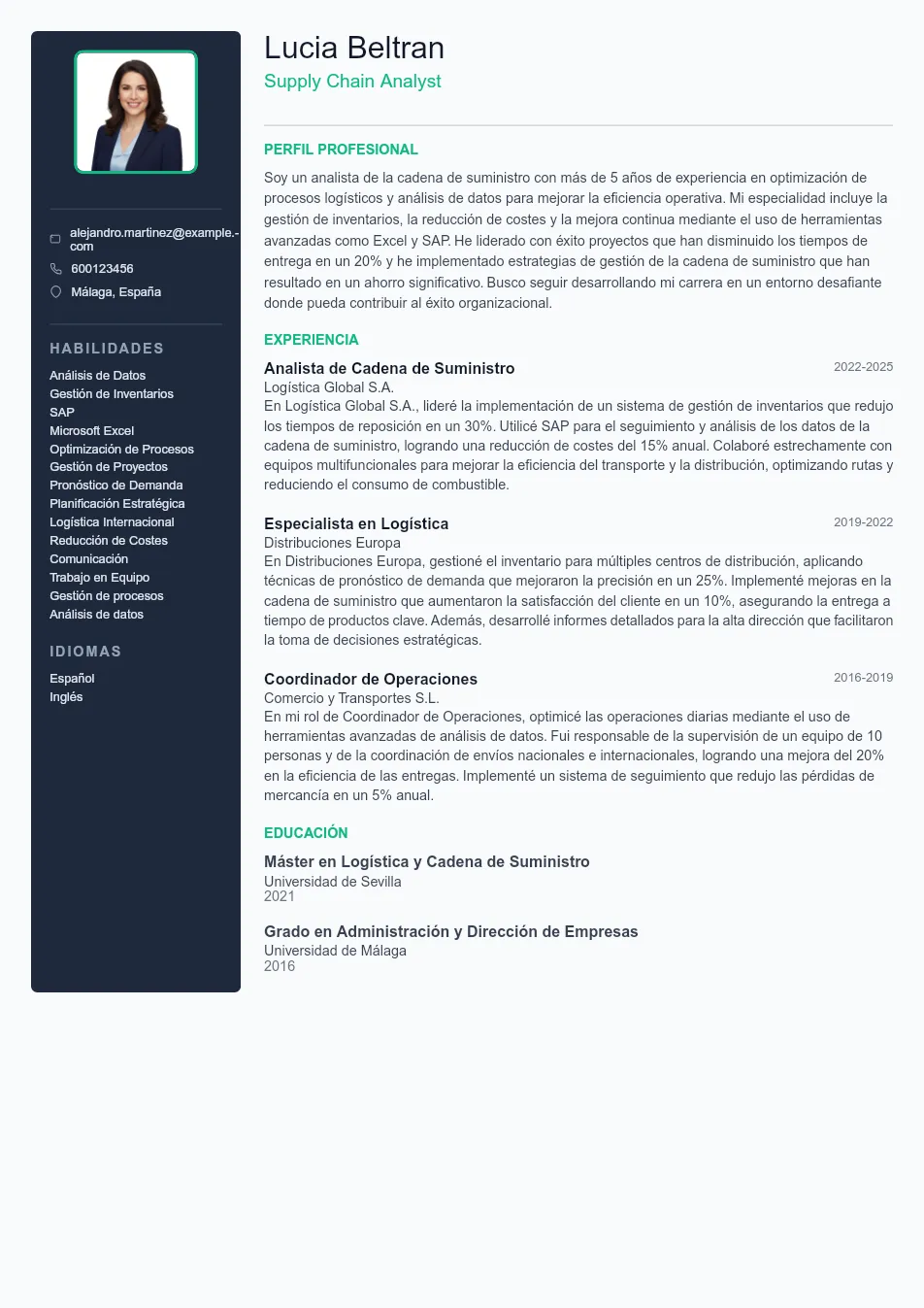 Ejemplo de CV para CV de Supply Chain Analyst - Plantilla de currículum profesional