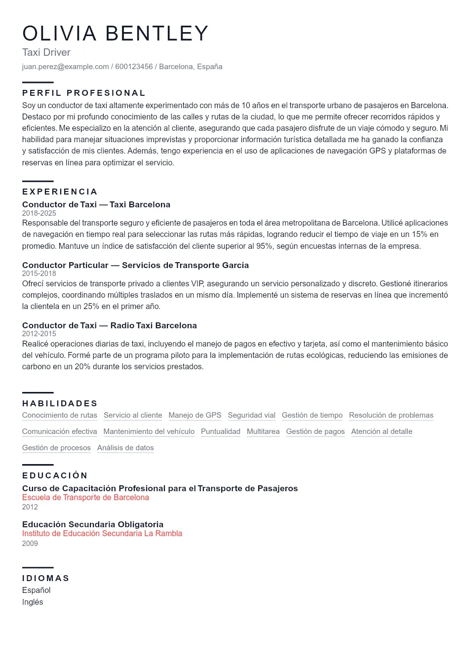 Ejemplo de CV para Guía Completa para Crear un CV de Taxi Dri - Plantilla de currículum profesional