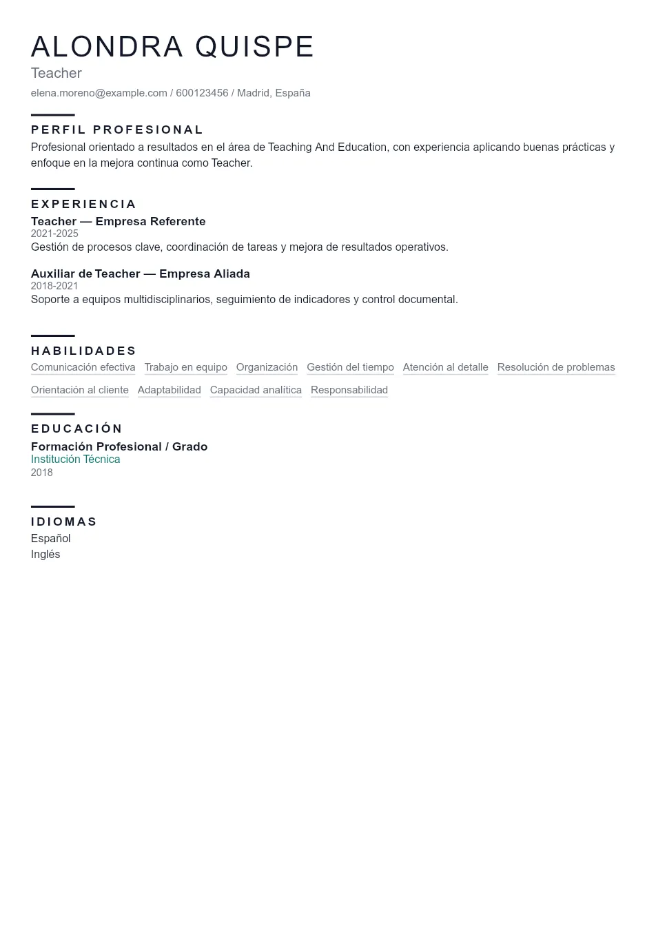 Ejemplo de CV de Teacher CV Example - Professional Resume Template