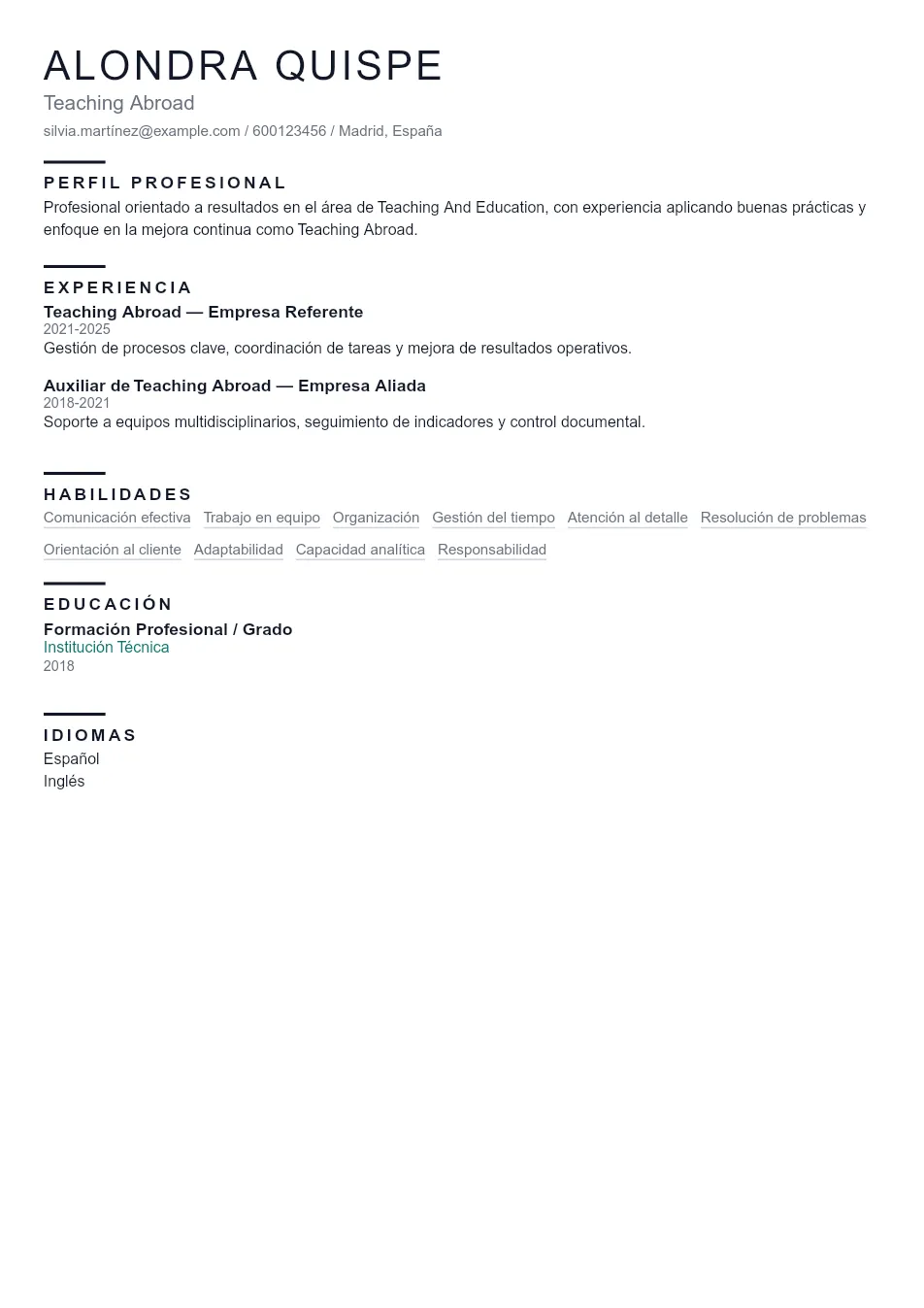 Ejemplo de CV de Teaching Abroad CV Example - Professional Resume Template
