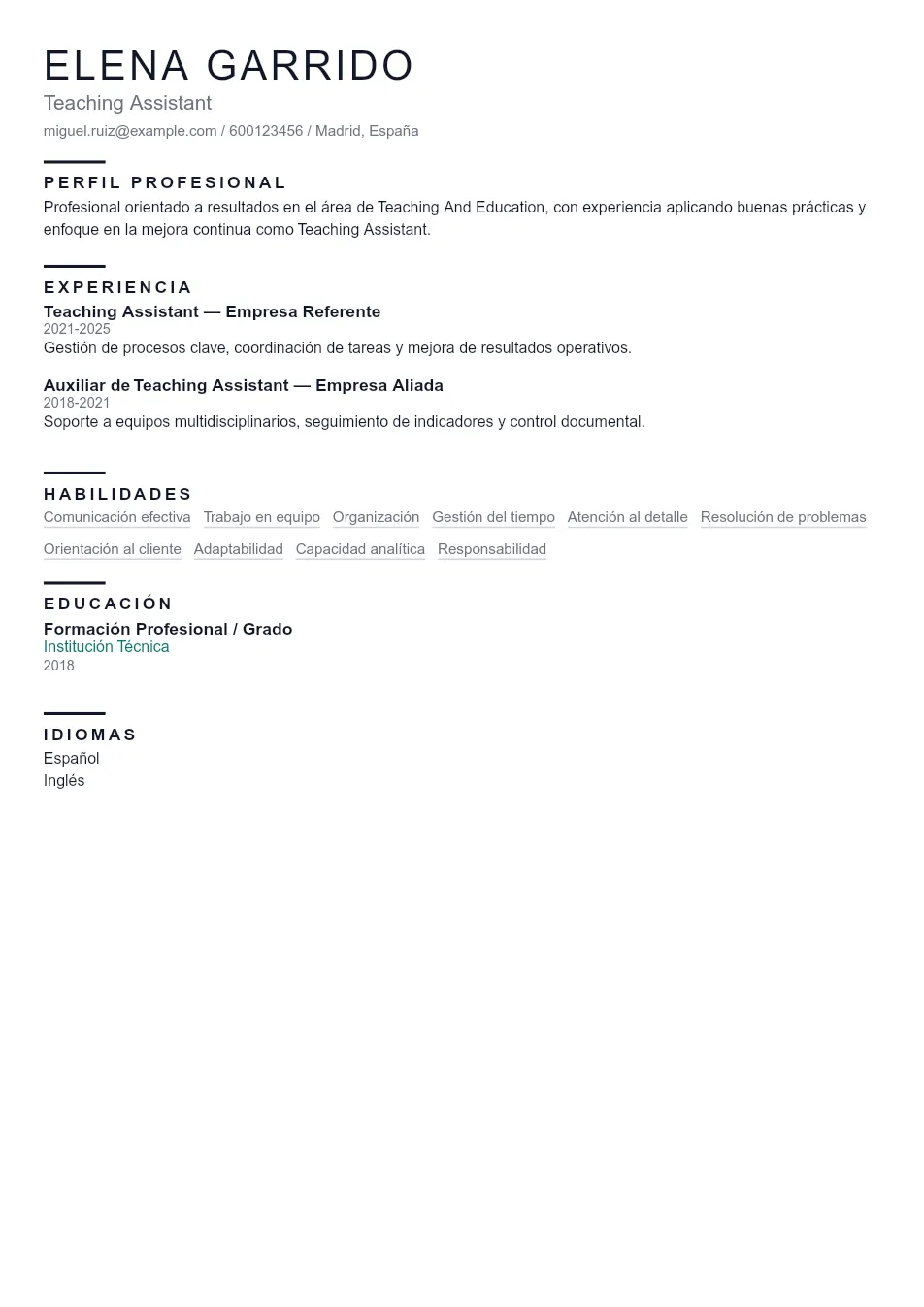 Ejemplo de CV de Teaching Assistant CV Example - Professional Resume Template