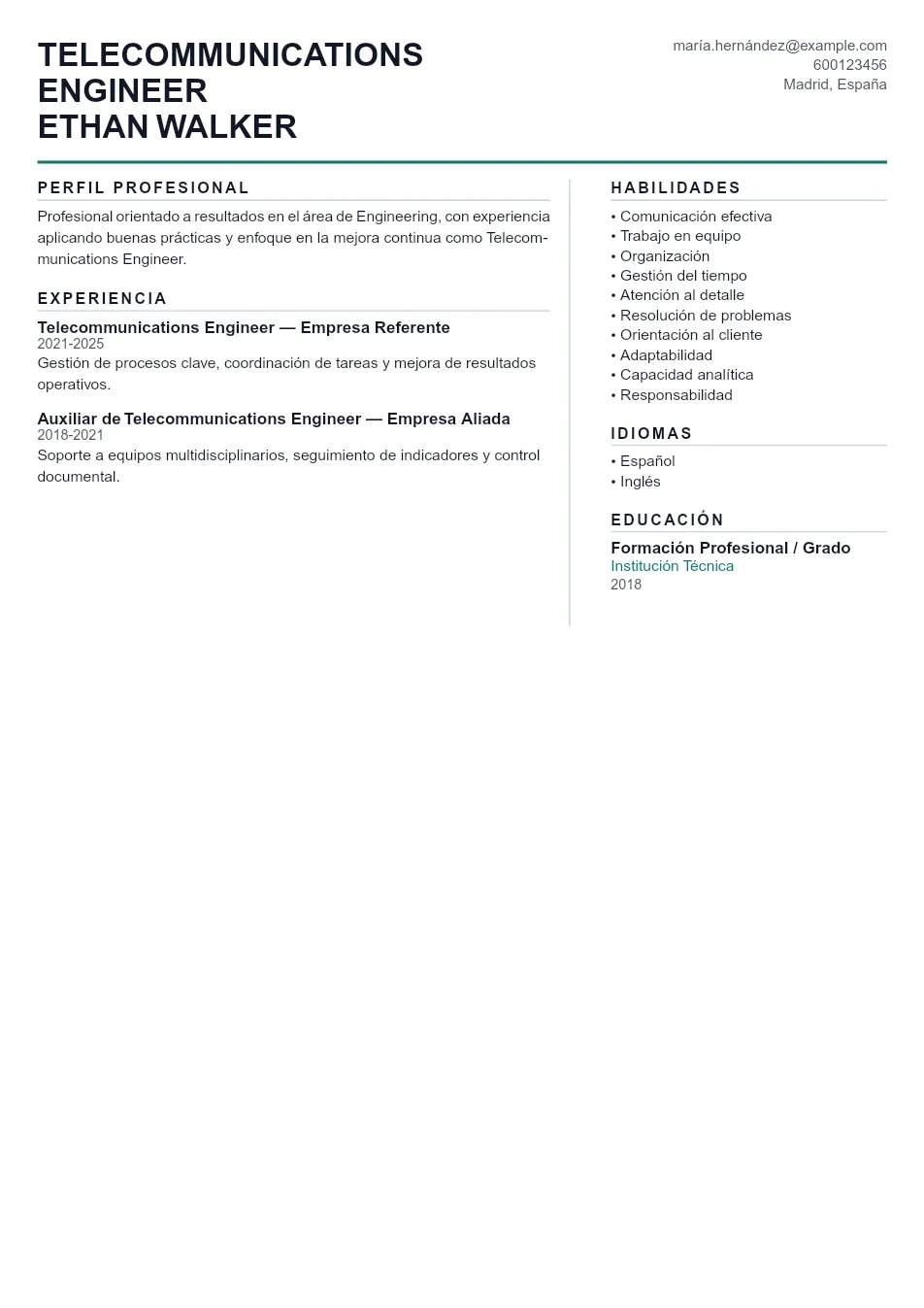 Ejemplo de CV para CV de Ingeniero de Telecomunicaciones - Plantilla de currículum profesional