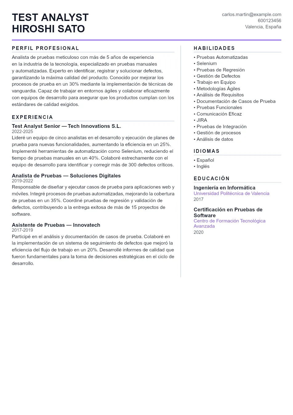 Ejemplo de CV para CV de Test Analyst - Plantilla de currículum profesional