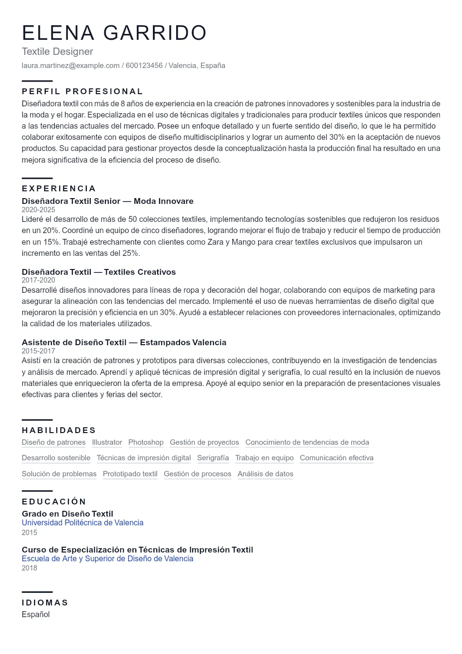 Ejemplo de CV de Textile Designer CV Example - Professional Resume Template