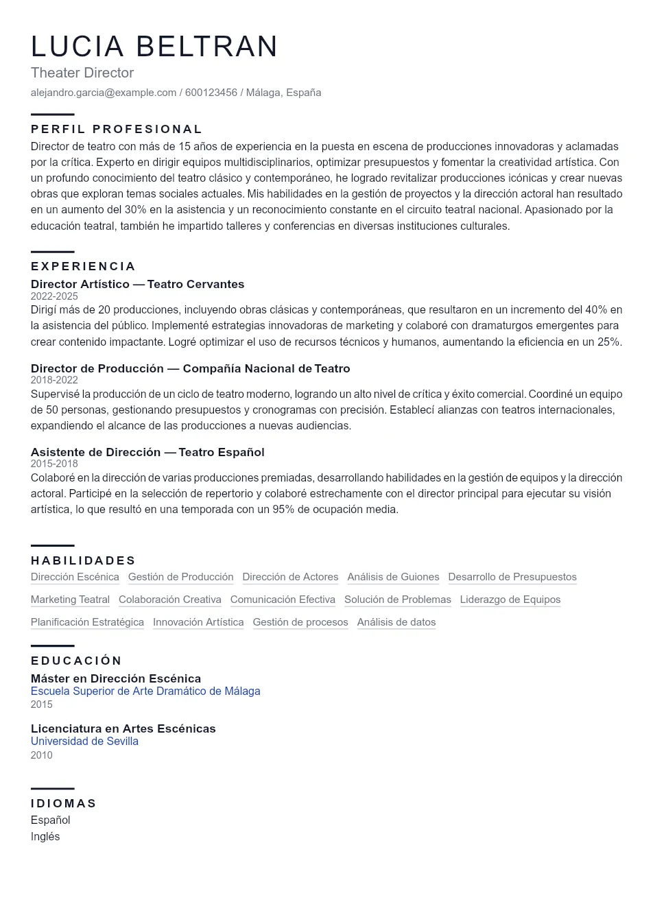Ejemplo de CV para Director/a de Teatro que Impresione - Plantilla de currículum profesional