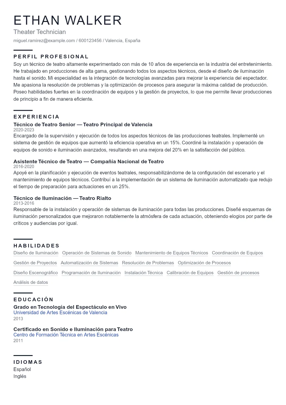Ejemplo de CV para Ejemplo de CV de Técnico de Teatro - Plantilla de currículum profesional