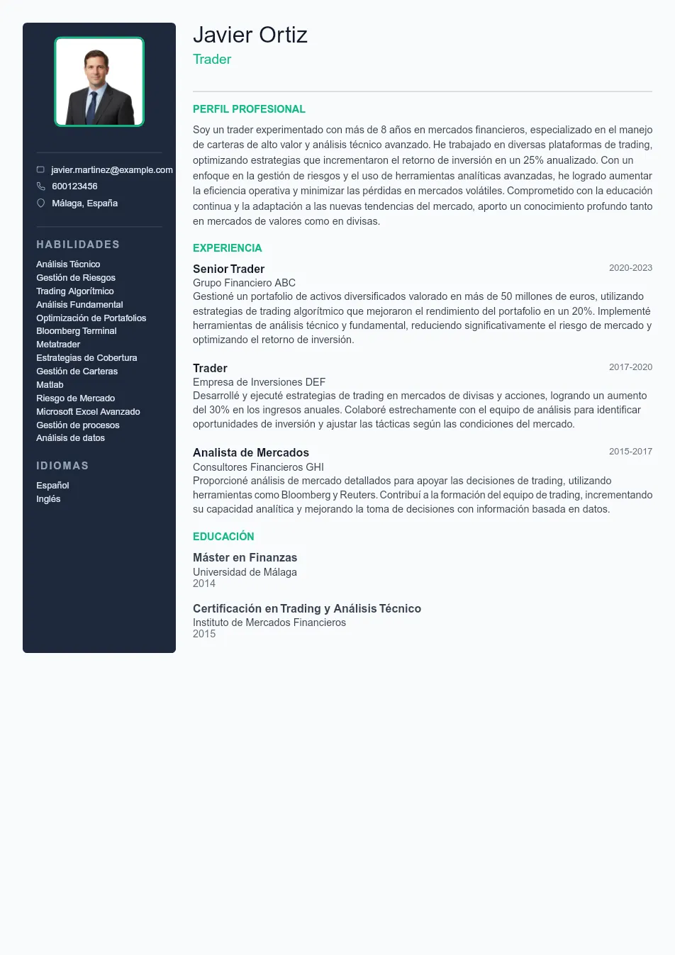 Ejemplo de CV para CV de Trader - Plantilla de currículum profesional