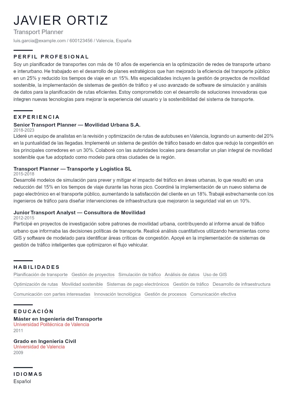 Ejemplo de CV para CV de Transport Planner - Plantilla de currículum profesional