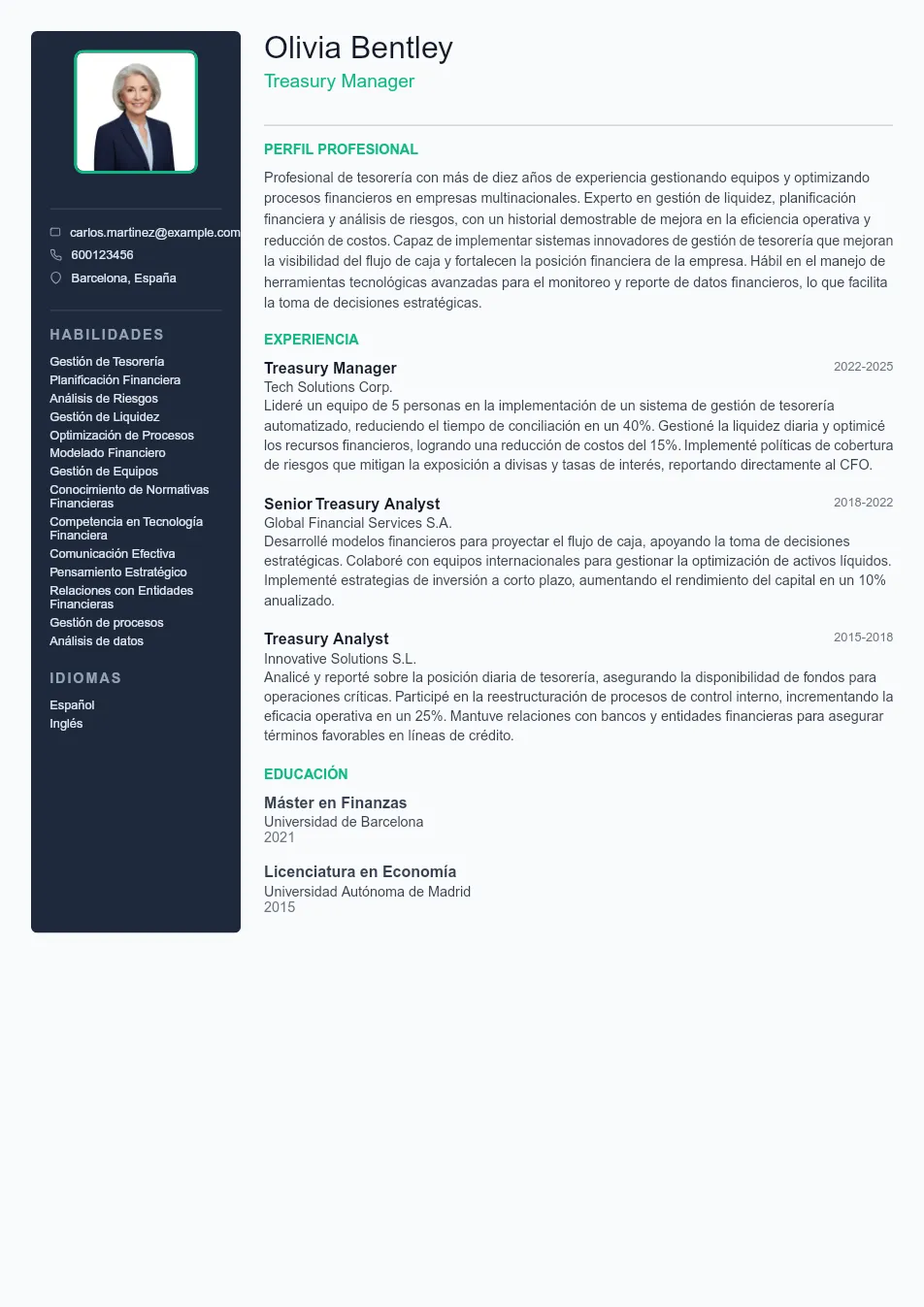 Ejemplo de CV para Ejemplo de CV de Treasury Manager - Plantilla de currículum profesional