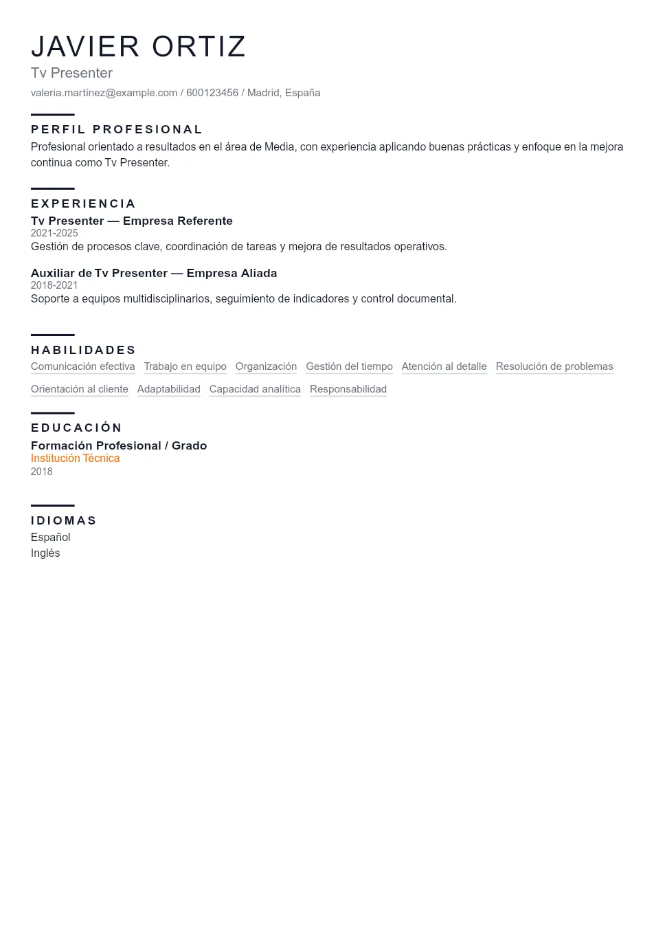 Ejemplo de CV para Guía Definitiva y Ejemplo de CV para Prese - Plantilla de currículum profesional