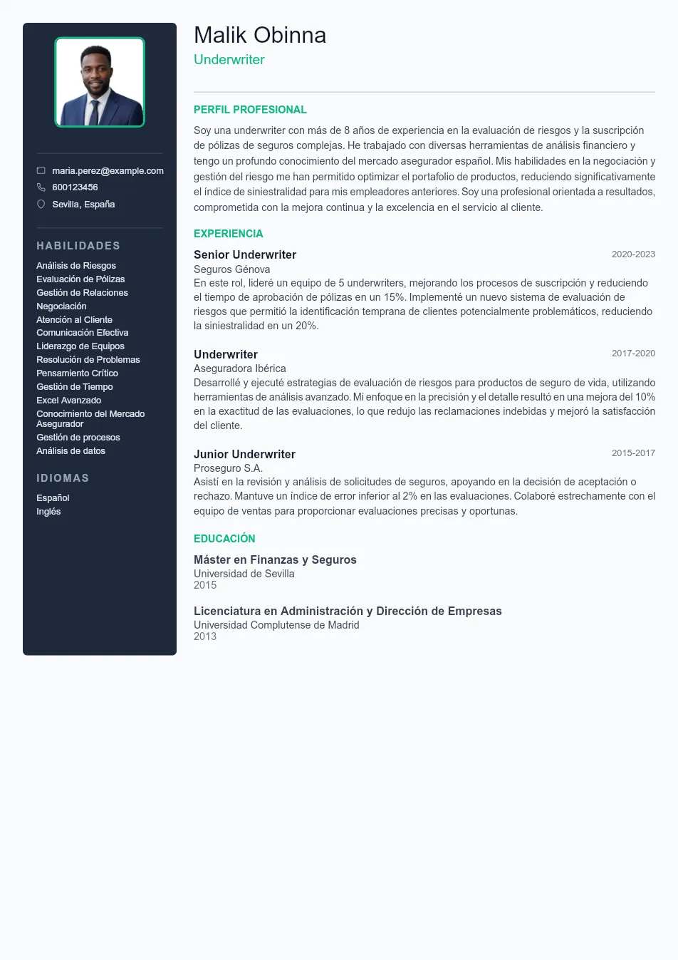 Ejemplo de CV de Underwriter CV Example - Professional Resume Template