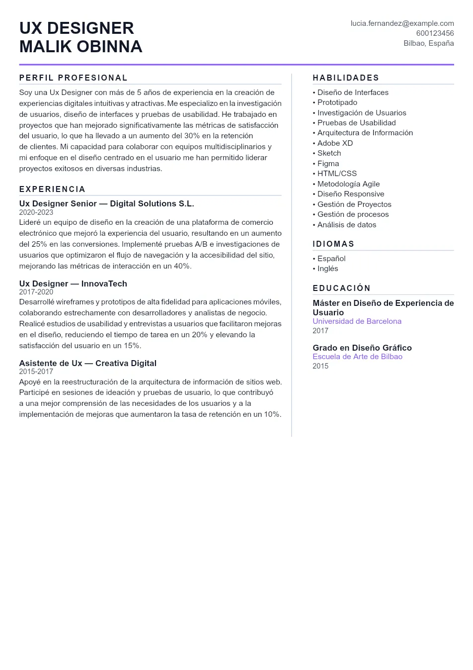 Ejemplo de CV de Ux Designer CV Example - Professional Resume Template