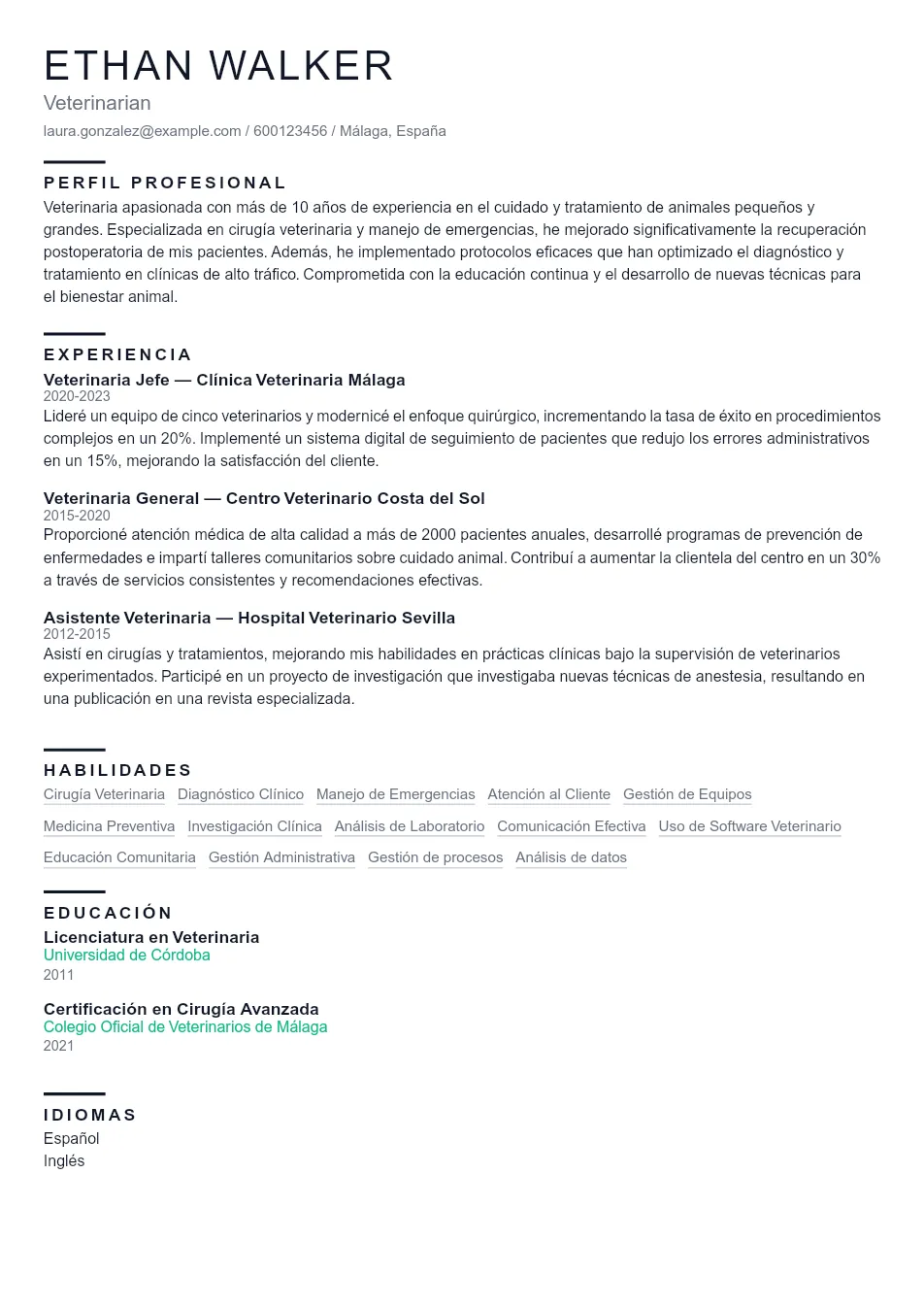 Ejemplo de CV para CV de Veterinario - Plantilla de currículum profesional