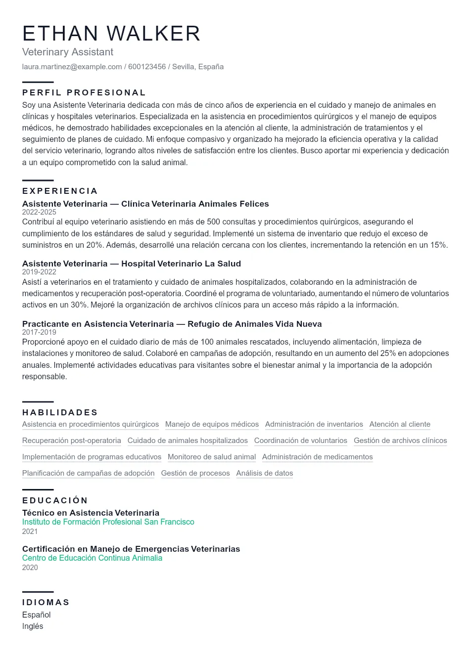 Ejemplo de CV para CV de Veterinary Assistant - Plantilla de currículum profesional