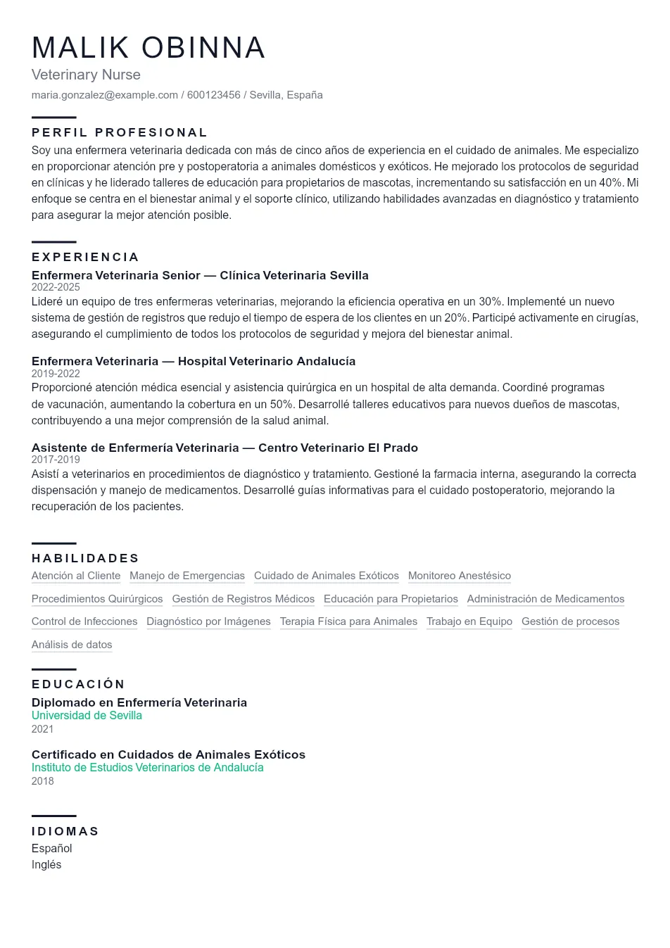 Ejemplo de CV para CV de Enfermero/a Veterinario - Plantilla de currículum profesional