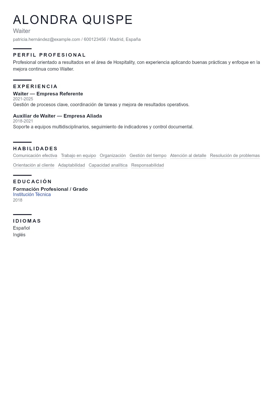Ejemplo de CV de Waiter CV Example - Professional Resume Template