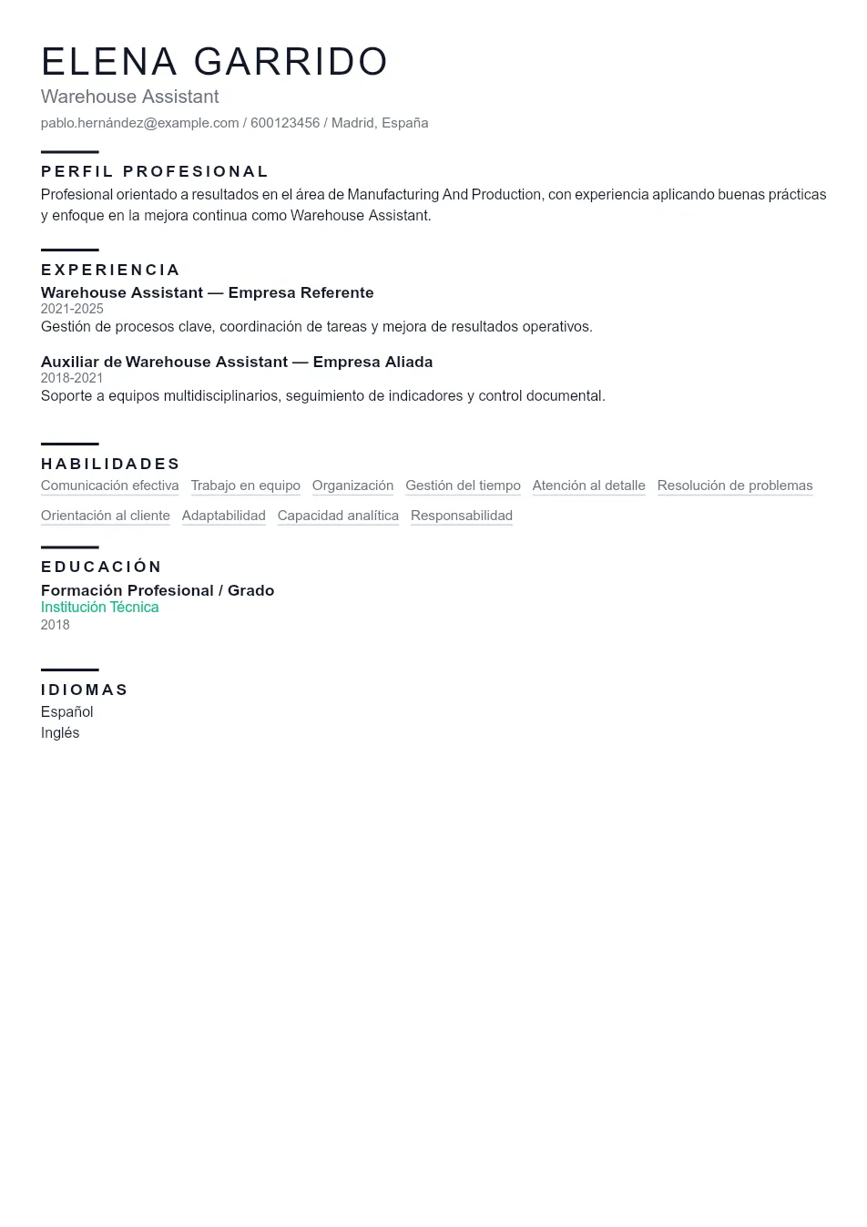 Ejemplo de CV para CV de Warehouse Assistant - Plantilla de currículum profesional