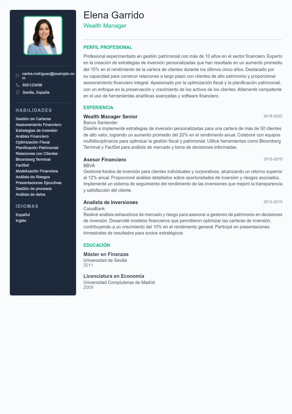 Ejemplo de CV de Wealth Manager CV Example - Professional Resume Template