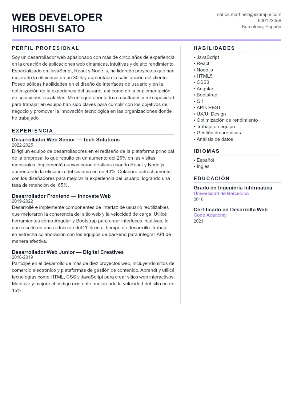 Ejemplo de CV de Web Developer CV Example - Professional Resume Template