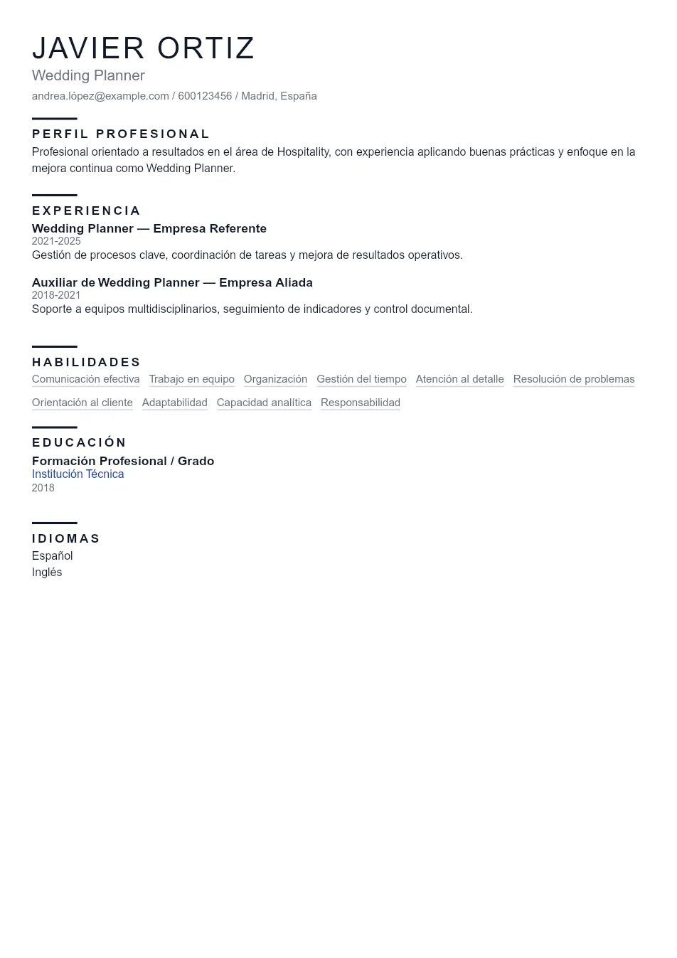 Ejemplo de CV de Wedding Planner CV Example - Professional Resume Template