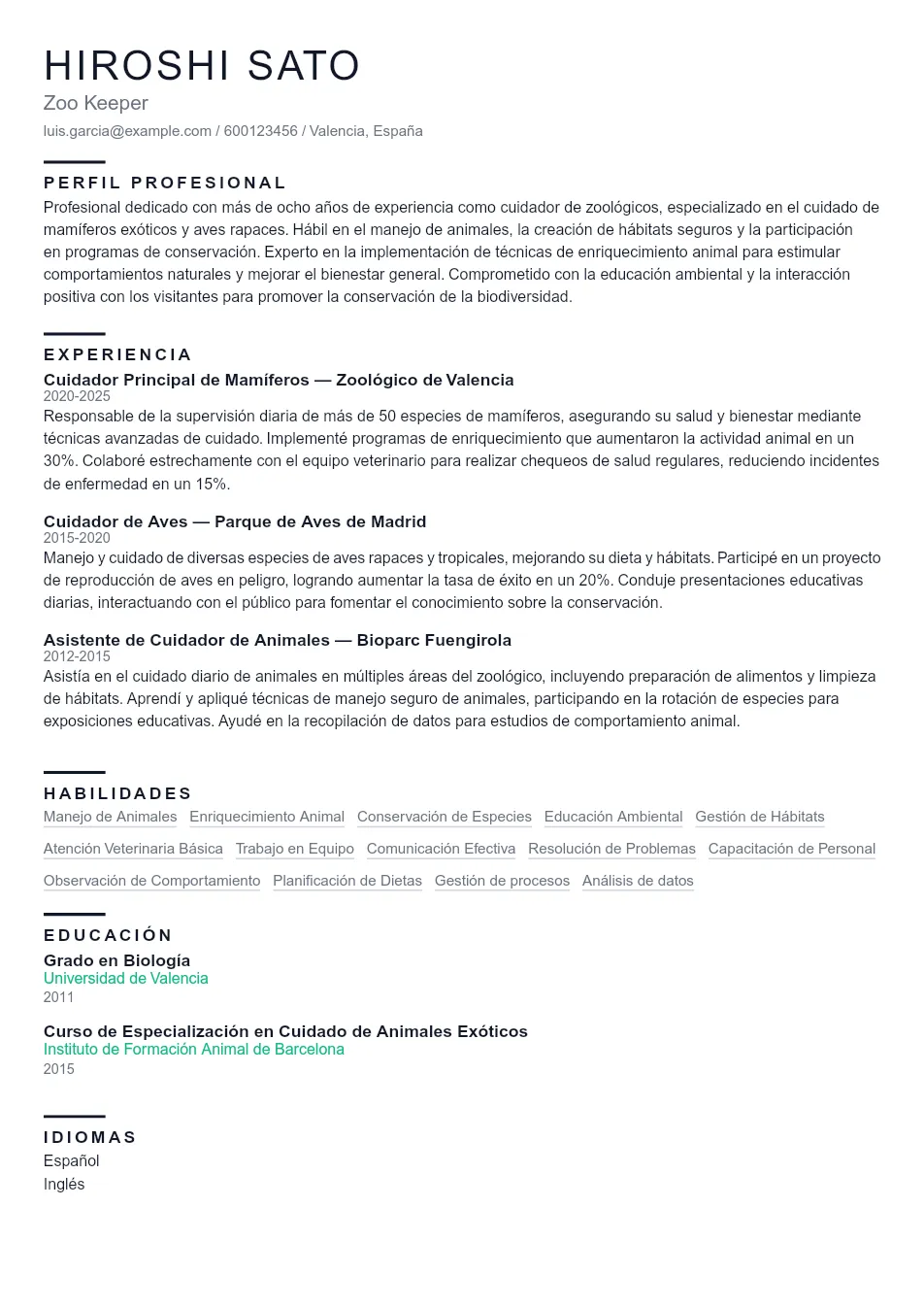 Ejemplo de CV de Zoo Keeper CV Example - Professional Resume Template